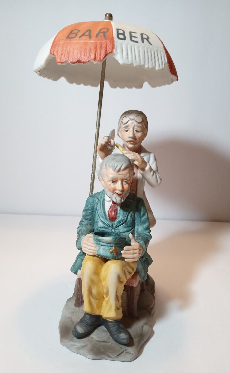 10 1/2″ Bisque Porcelain Figurine Hair Cut At the Barber Shop w/ Umbrella