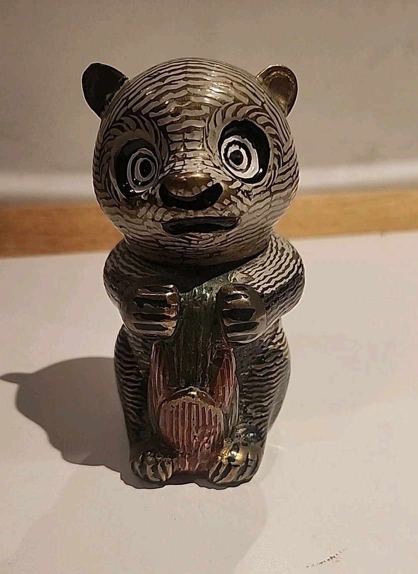 Vintage Chineese Panda Figurine Brass Enamel Hollow Removable Head