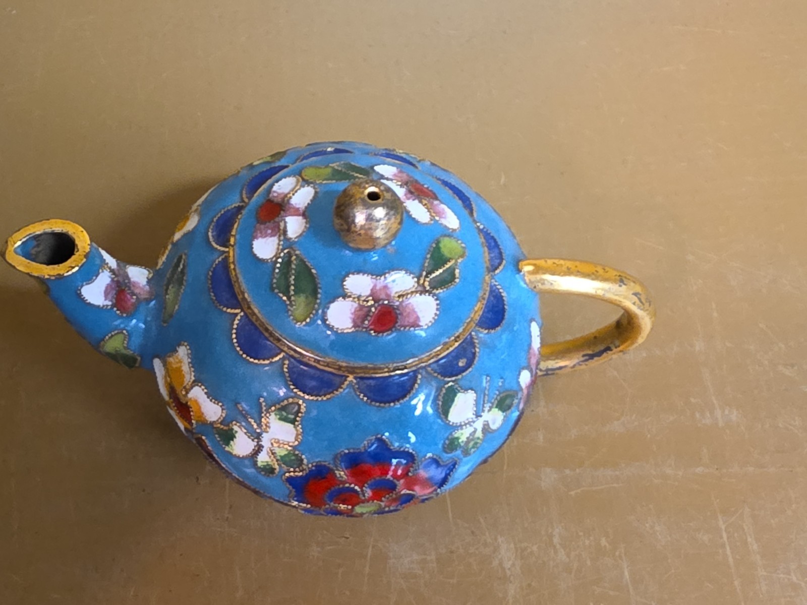 Mini Cloisonné Teapot Enamel Floral Metal Multicolor Petite Butterflies