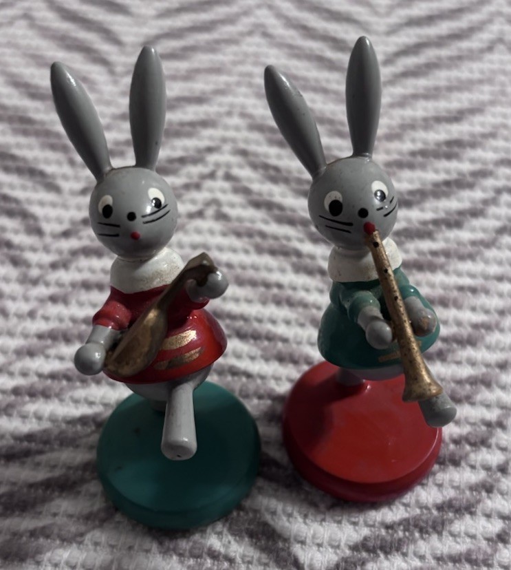Vintage Spain Goula Rabbits Playing Mandolin Flute Easter Bunny Girls Wooden