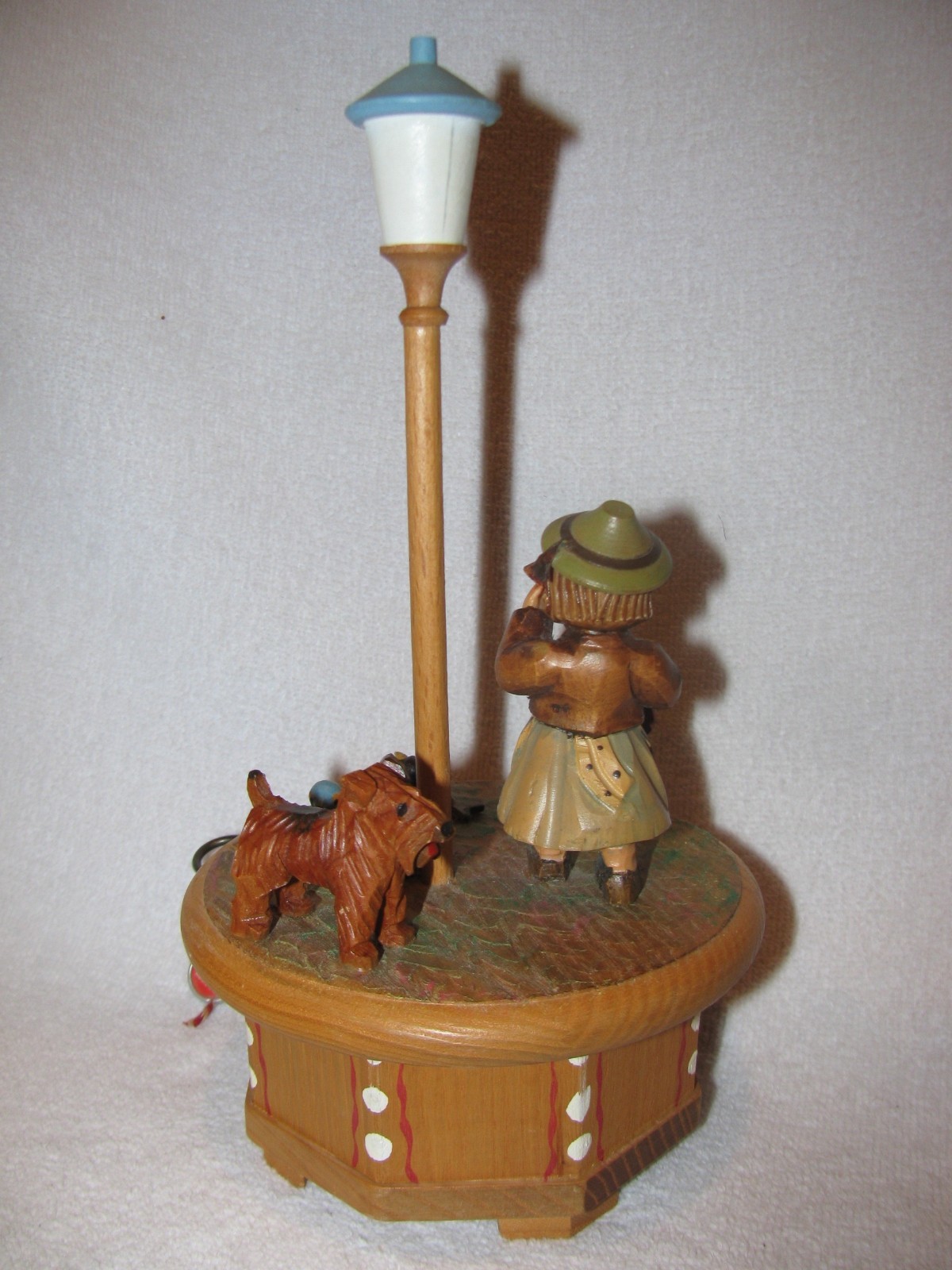Wood Carved ANRI Italy Music Box Little Girl W/Guitar & Terrier Dog