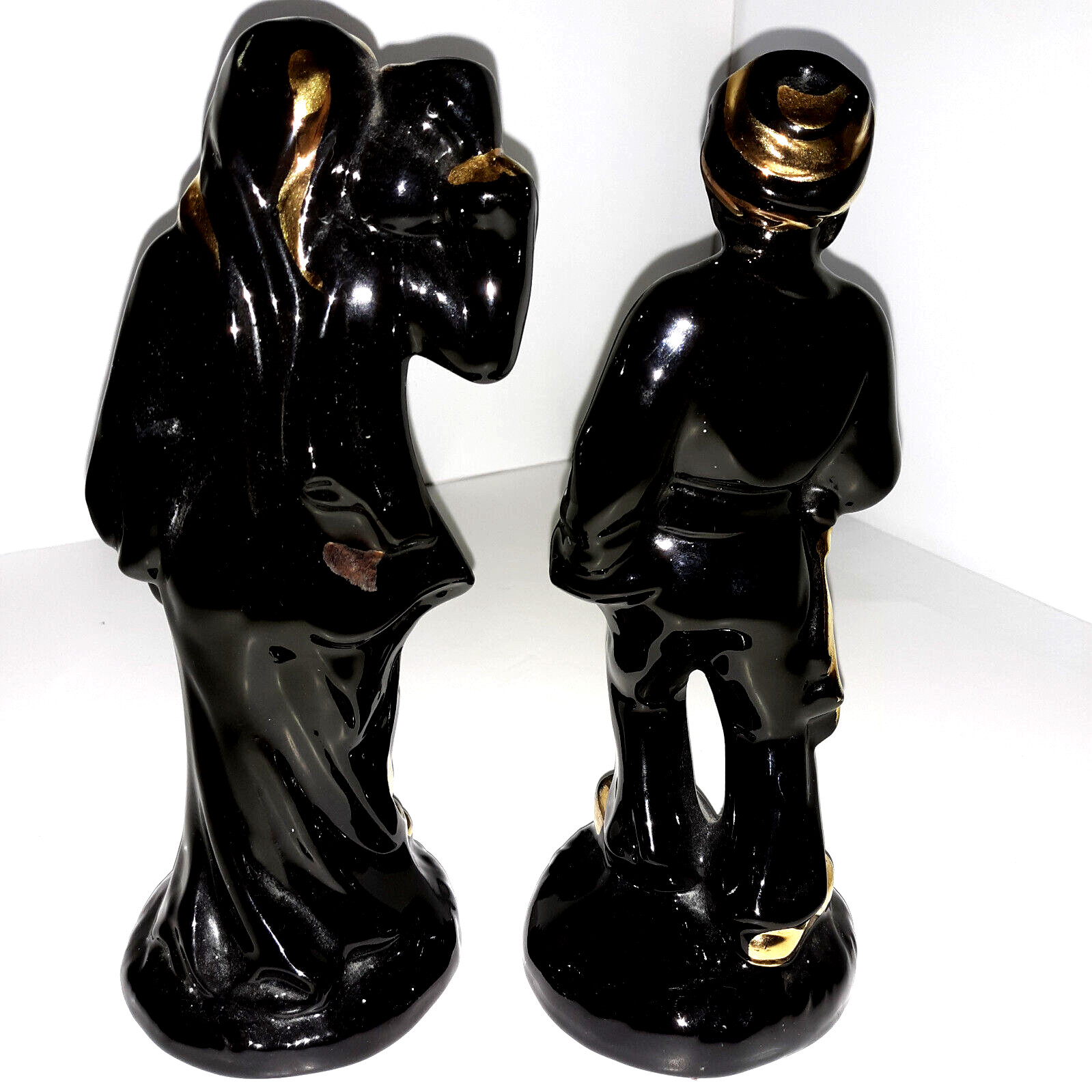 Vintage Art Deco Ceramic Black & Gold Woman & Man Figurines 2 Pc Set Statues H9″