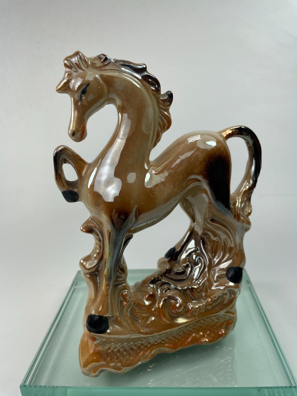 Vintage Stallion Horse Figurine Iridescent Glaze Prancing Festival Brazil Ad5