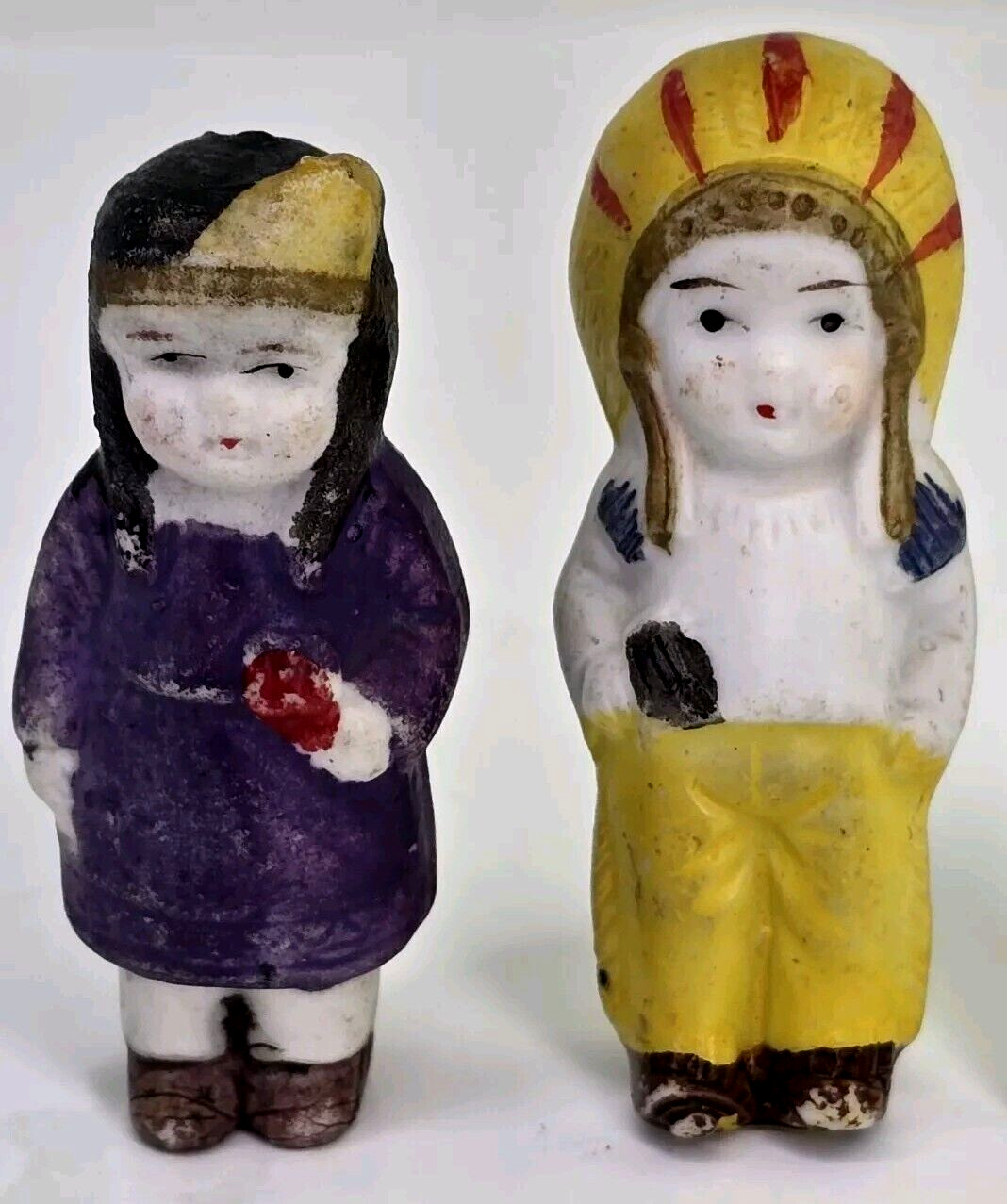 Set of Bisque Ceramic Frozen Charlotte Penny Doll Indian Native American Chief