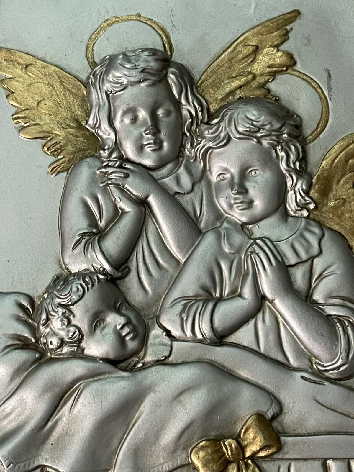 3D Angel Guardians with Baby Gold /Silver Tone Wall Plaque 7″ by 9″