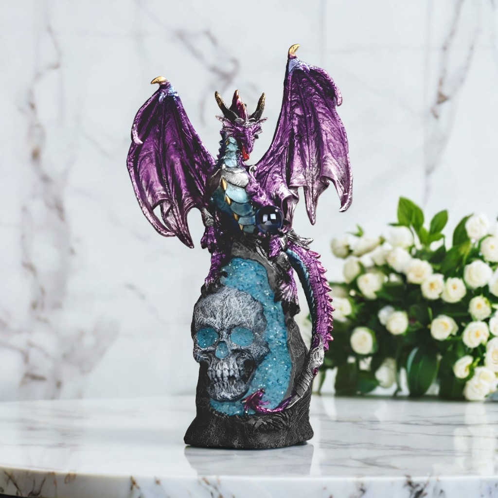 11.75″H Dragon on Geode with Skull Figurine Ornament Home Decor Unique Gift