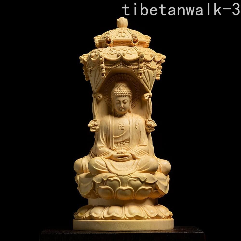 15cm Three Face Amitabha Guanyin Wooden Buddha Statue Home Altar Decor