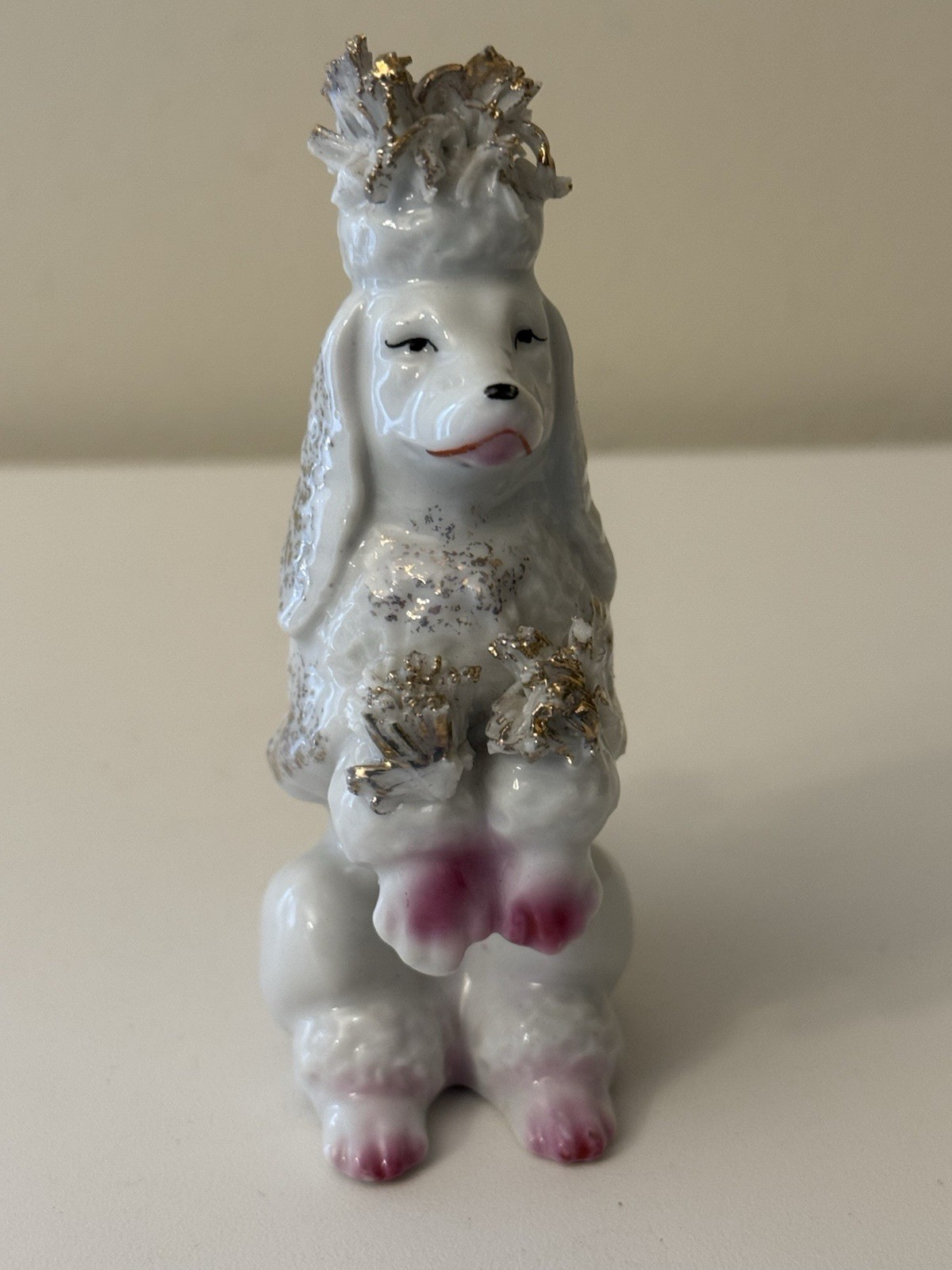 VTG Porcelain Poodle Spaghetti Trim With Pink Flowers Gold Accents 4.25”Cute