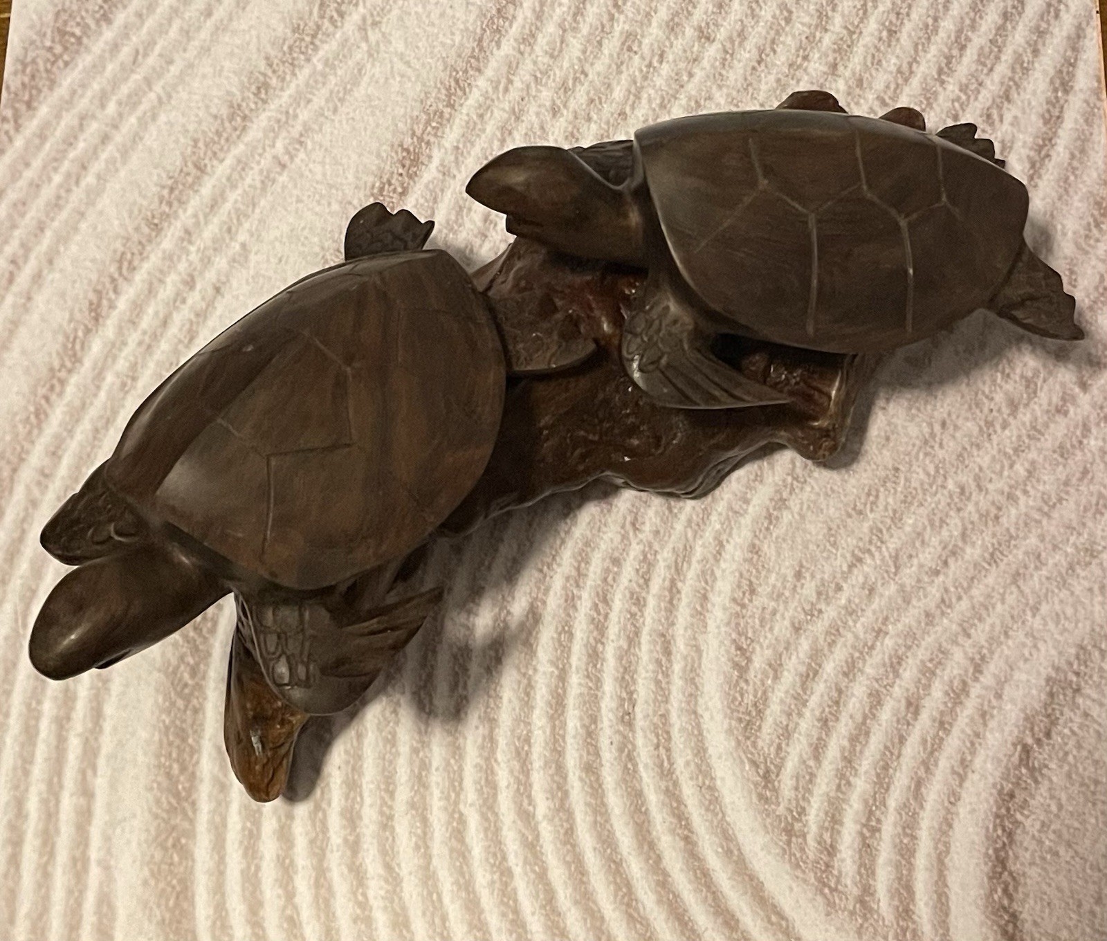 Vintage Hand Carved Sea Turtles Sculpture On Driftwood 12” Long Coastal