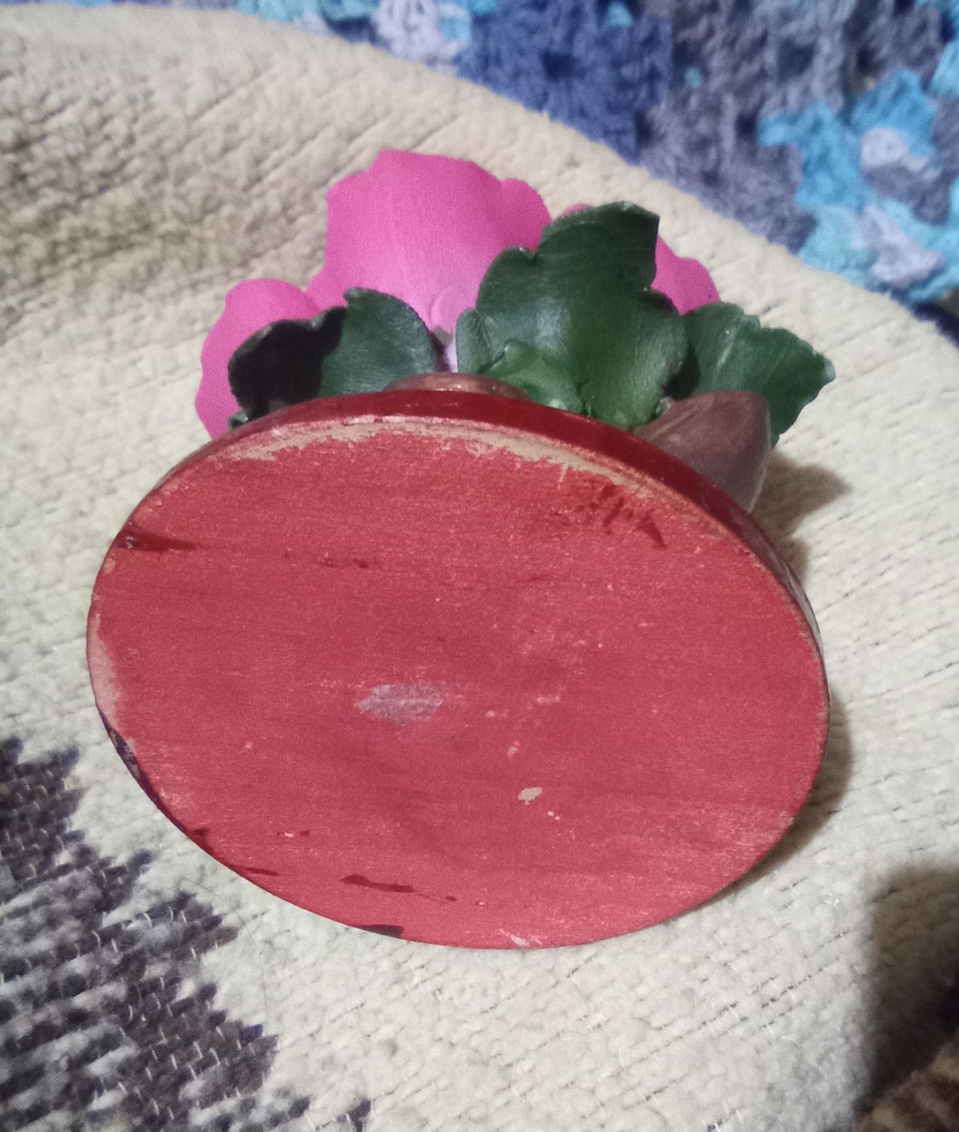 Porcelain Or Clay Pink Rose On Wood Base Decor. Unbranded. Approximately 3″ Tall