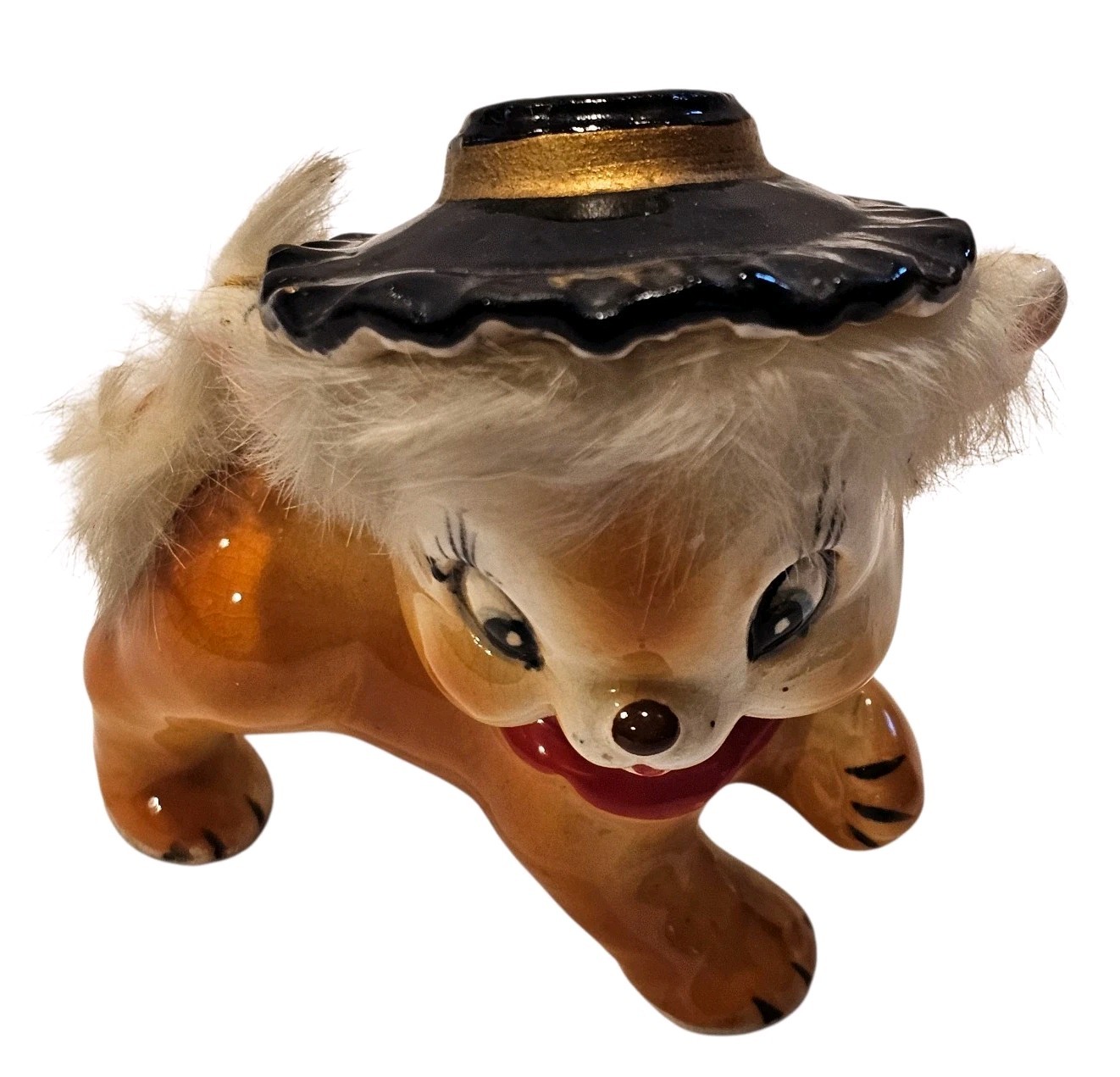Vintage 1960’s Japan Ceramic Anthropomorphic Puppy Wearing Hat with Fur Figurine