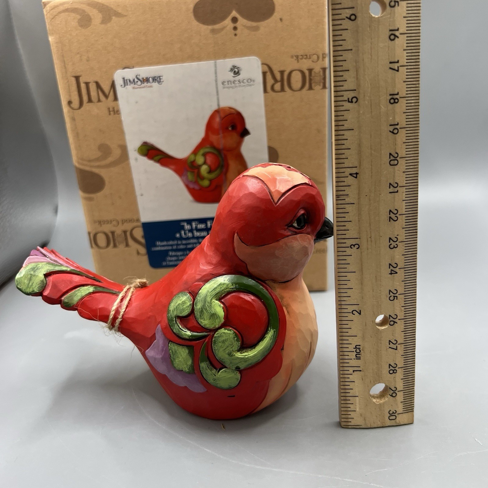 Jim Shore Heartwood Creek Red Floral Bird w Folk Art Swirls “In Fine Feather”