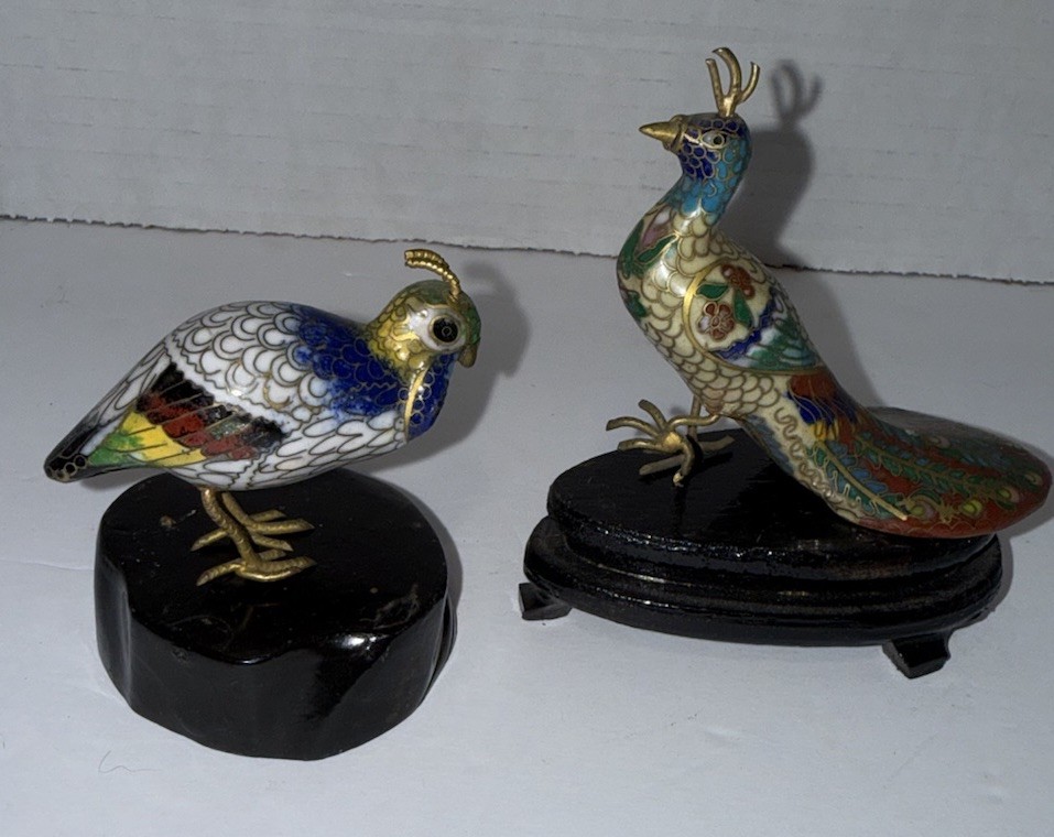 Chinese Cloisonné Enamel 2 Pheasant Bird Figurine Colorful Hen Rooster 3 in Vtg