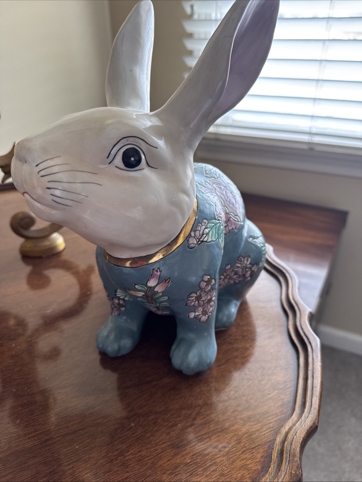 Large Porcelain Hand Painted Rabbit ,Teal Lavender Orange Metallic Gold 12 Inch