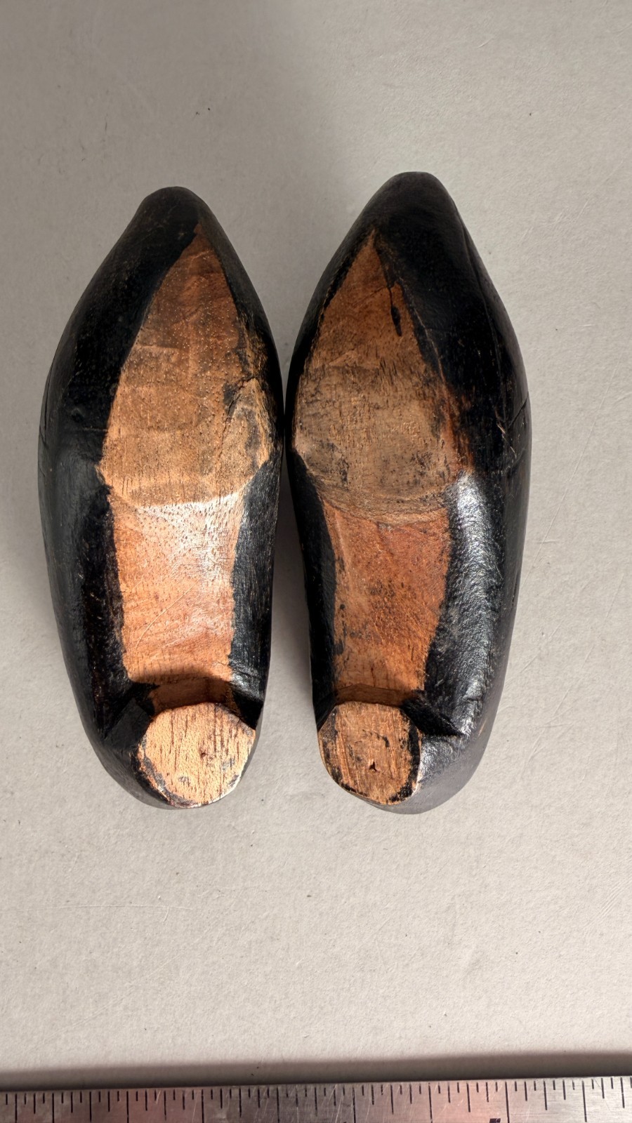 Unique Pair Of Miniature Hand Carved Wooden Clog Shoes 4” Long. 1 1/2” Tall.