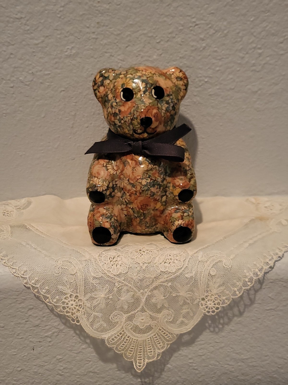 Vintage Floral Glossy Fabric Ceramic Decoupage Teddy Bear 5″ +- Figure Blue Bow