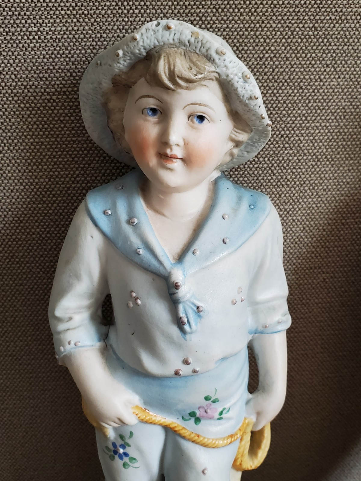 Antique German Bisque Porcelain 10″ Figurines Colonial Man & Woman Gold Trim