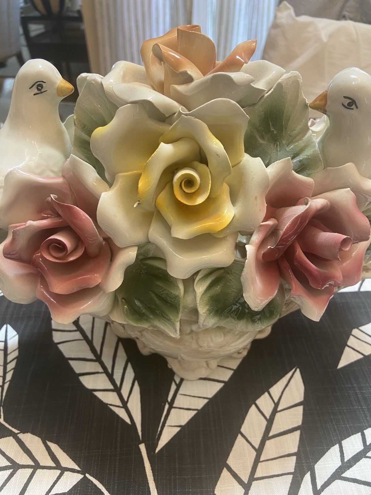 Capodimonte Porcelain Italy Large Center Piece Doves Roses Birds Vintage .