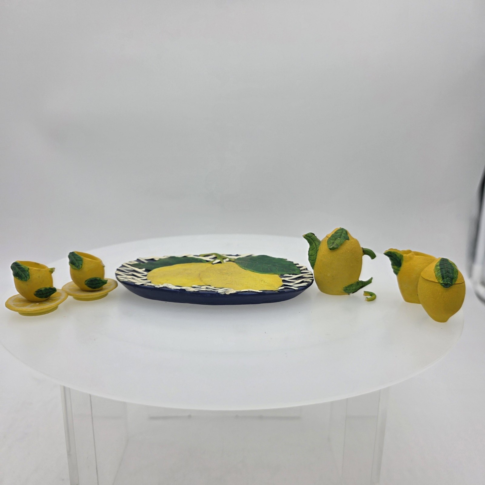 Miniature Unmarked Lemon Tea Set Small Resin Tray Cups Pitcher Multicolor