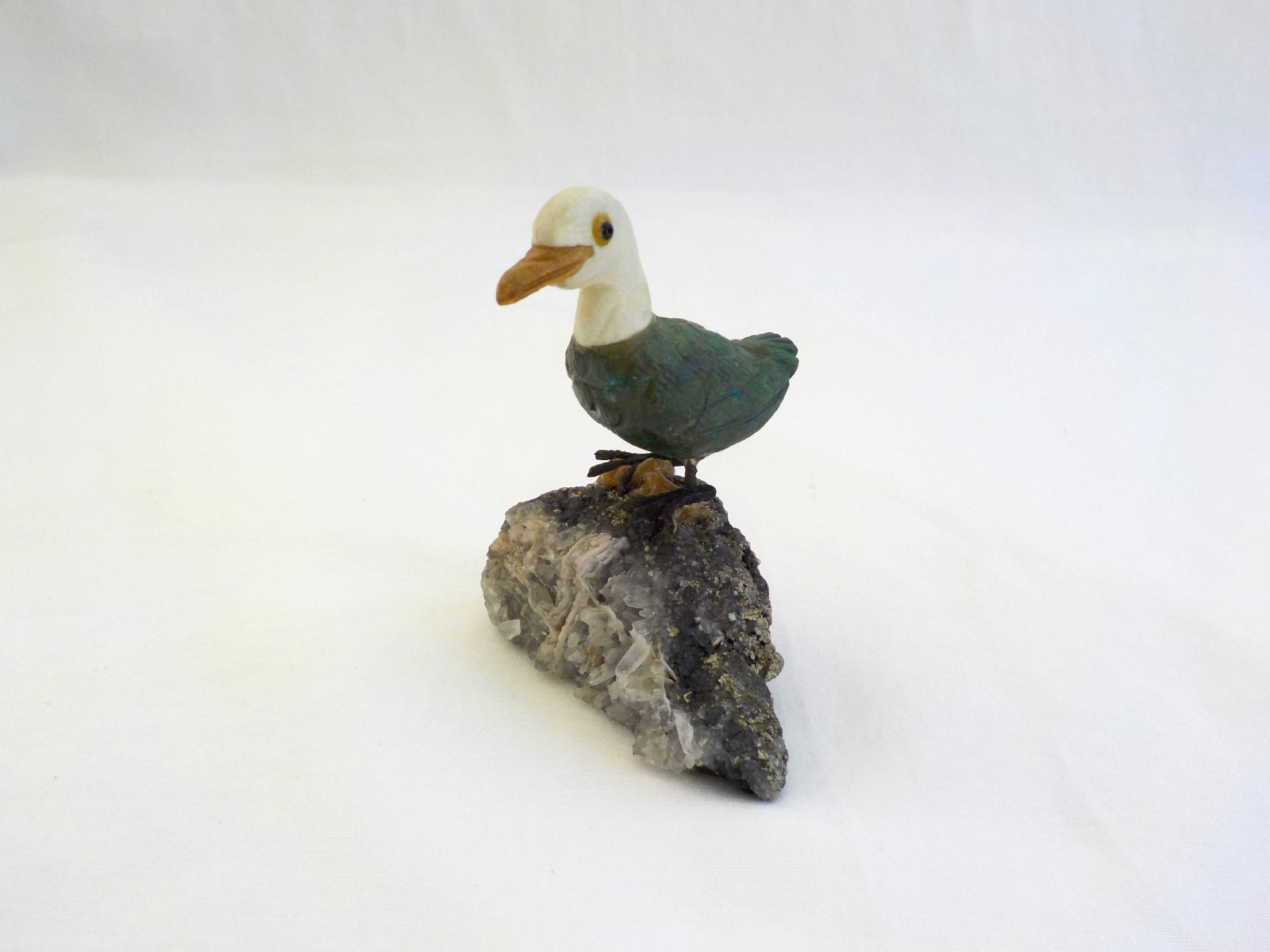 Vintage Extra Small Duck Hand Carved Stone Bird Figurine 2.25″Tall Green White