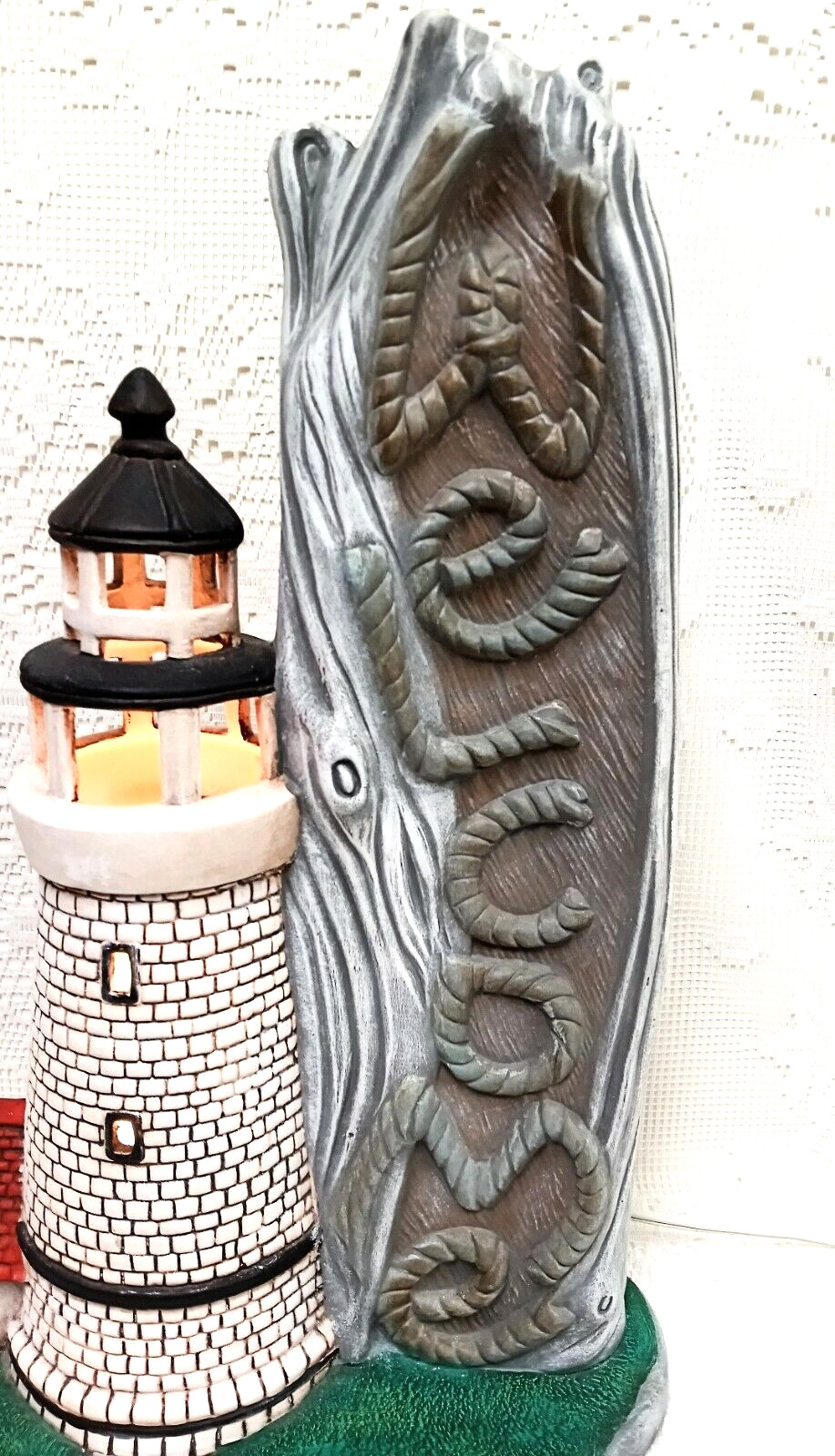 CERAMIC Lighthouse WELCOME LAMP LIGHT Nautical PATIO Porch LANAI 18″ HANDPAINTED