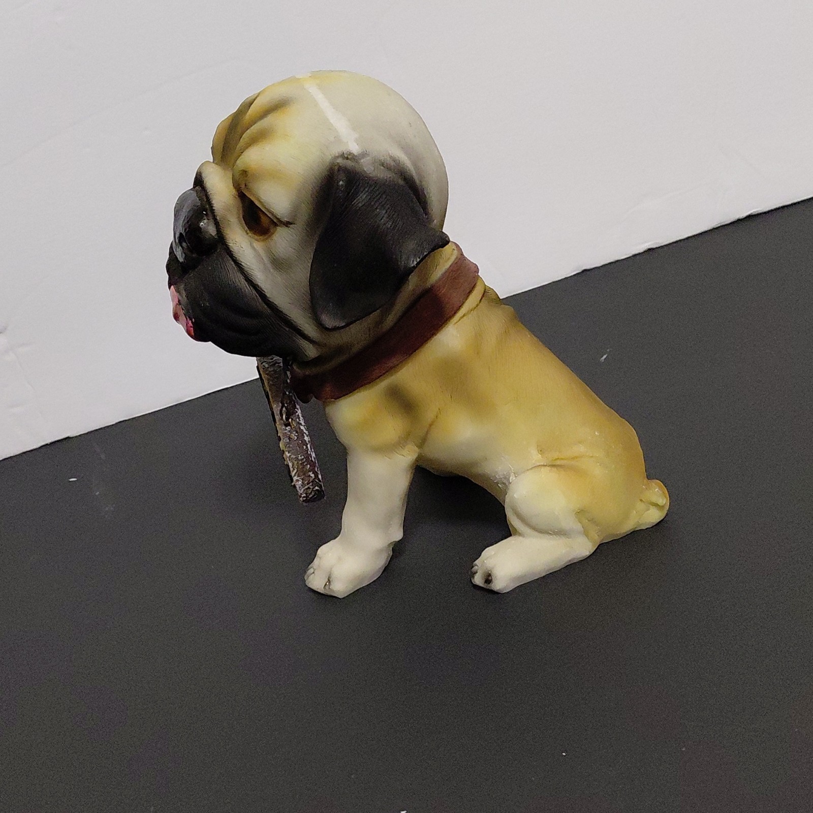 Painted Resin Pug Dog Figurine w/ “Welcome” Sign, Beige Black Brown White