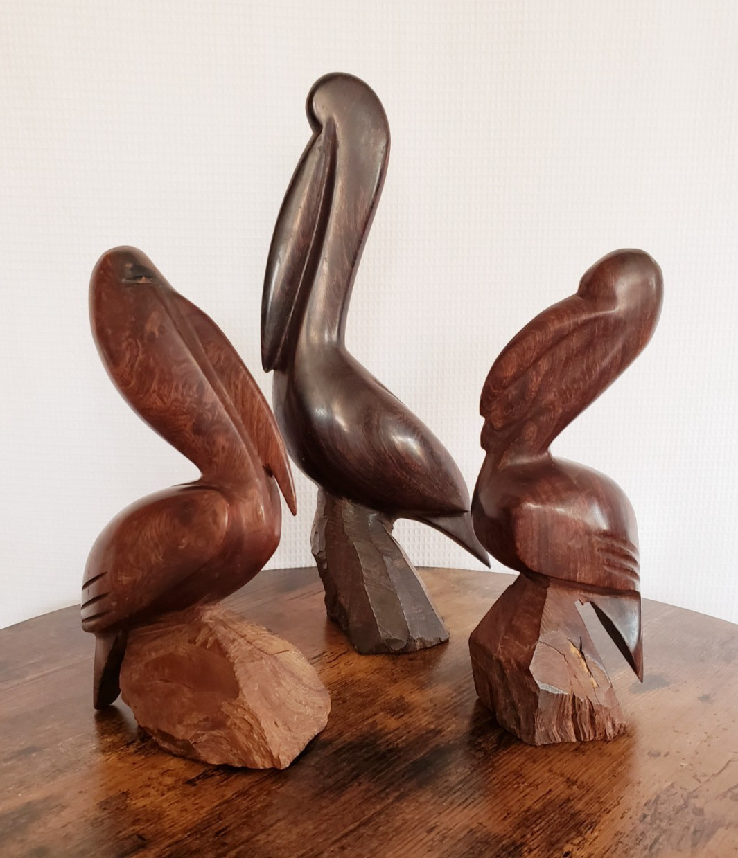 Desert Ironwood Pelicans Set of 3 Hand Carved Sculptures 14″ & 10″ Coastal Beach
