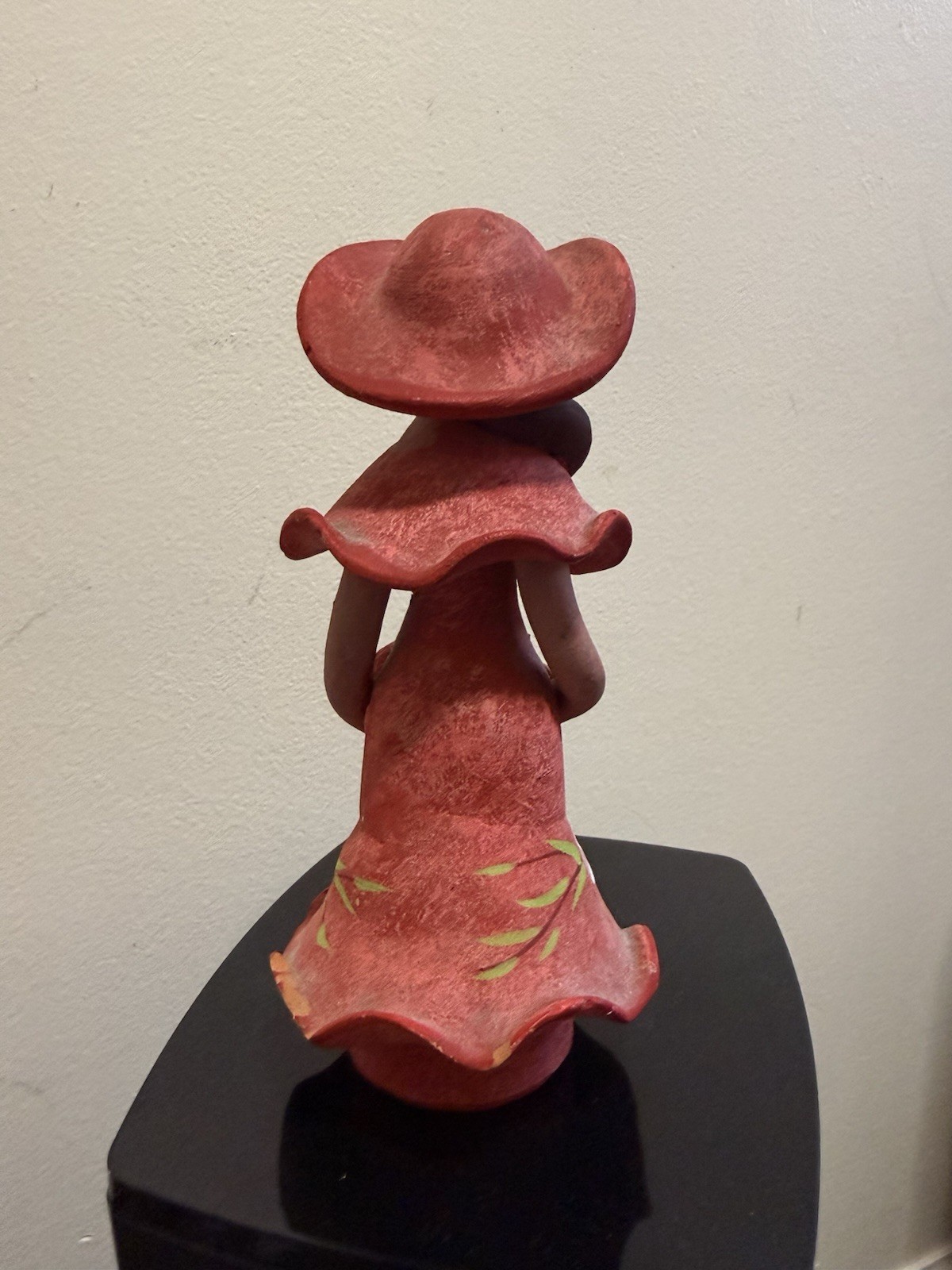 Hand Painted Resin Woman Figurine, Red Dress & Hat, Floral, Matte Finish