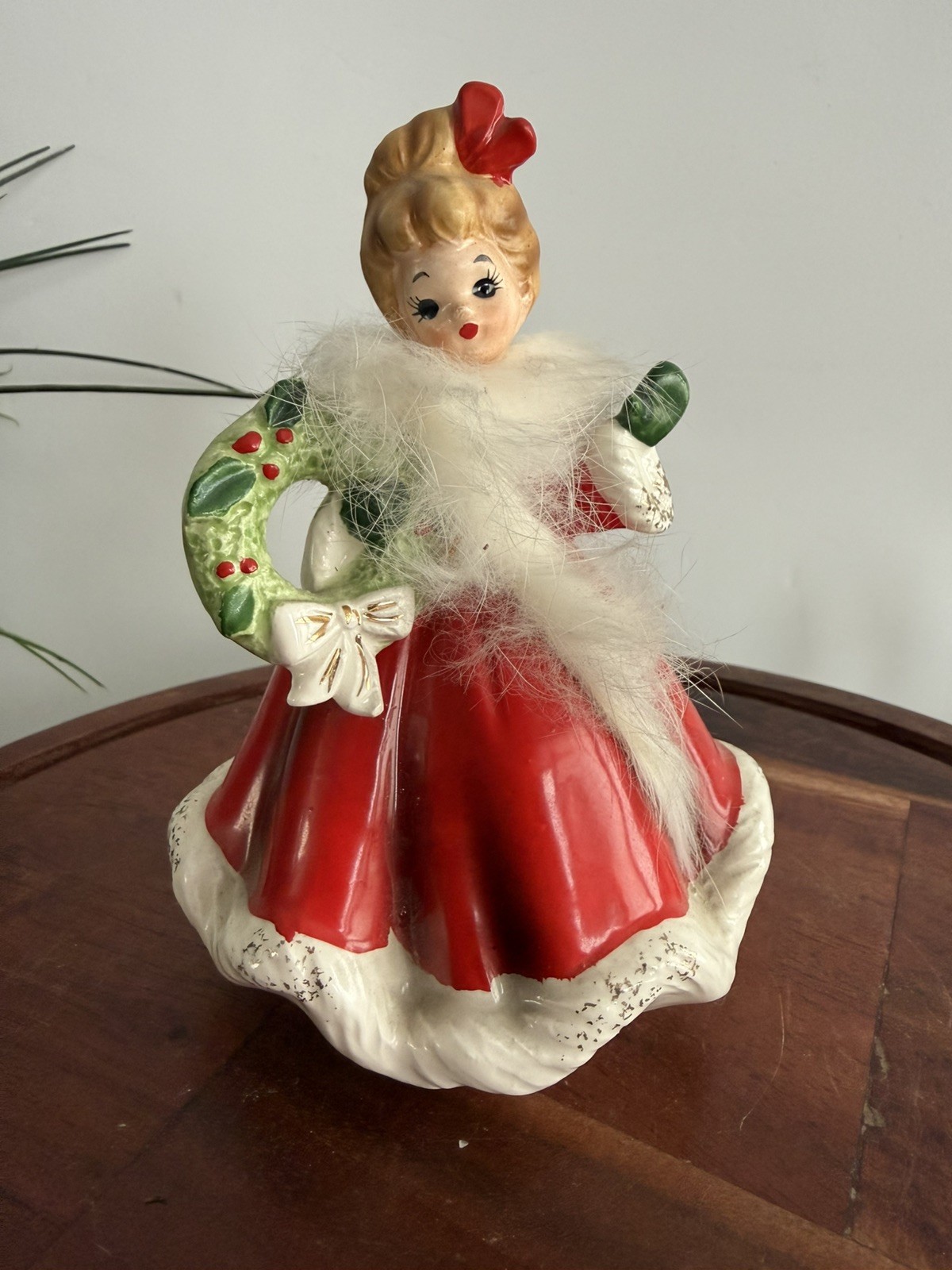 Rare Vintage Josef Originals Christmas Girl with Wreath & Fur Trim