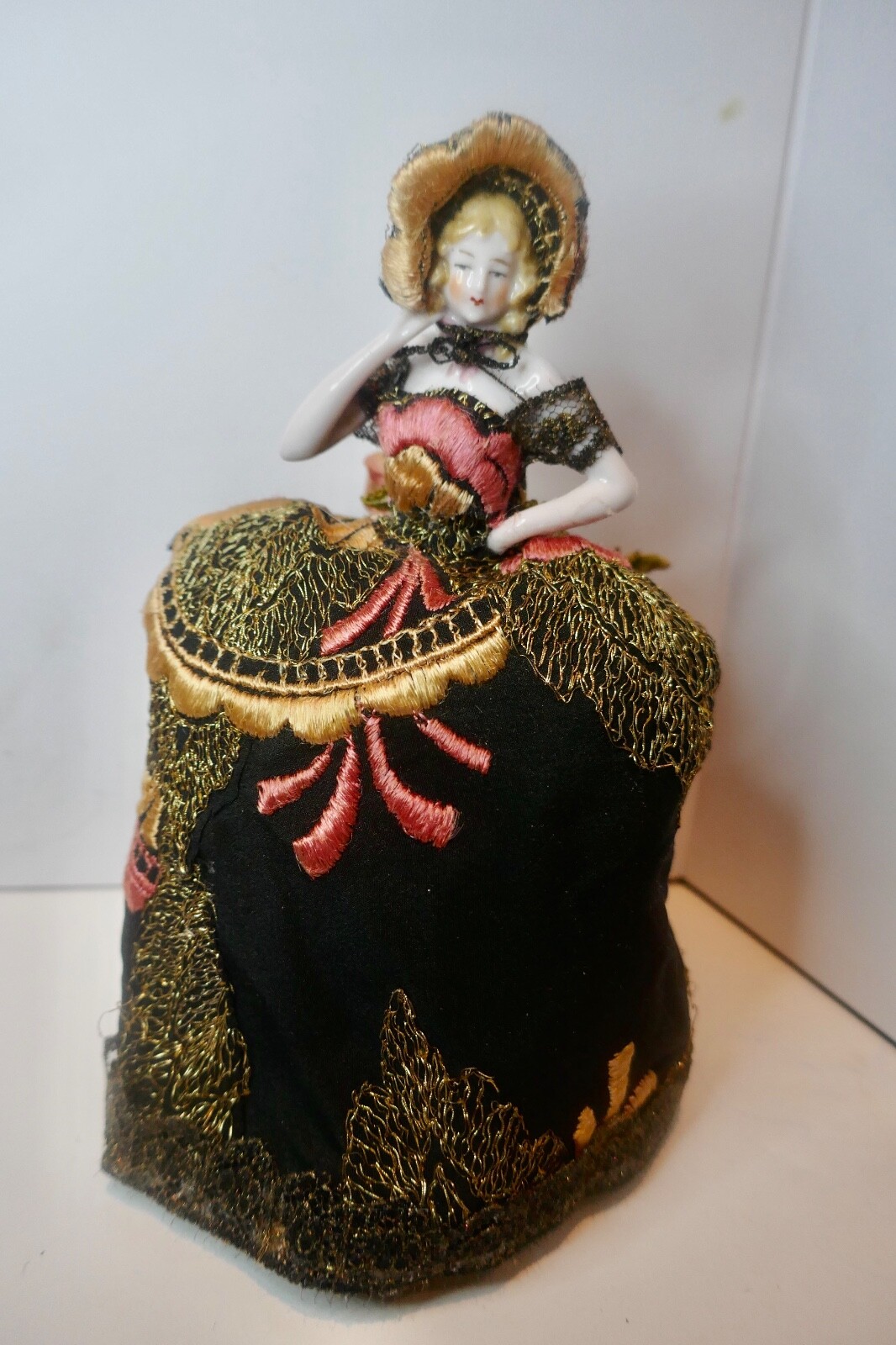Lavishly Dressed Antique German Half Doll Arms Away Silk & Metallic Embroidery