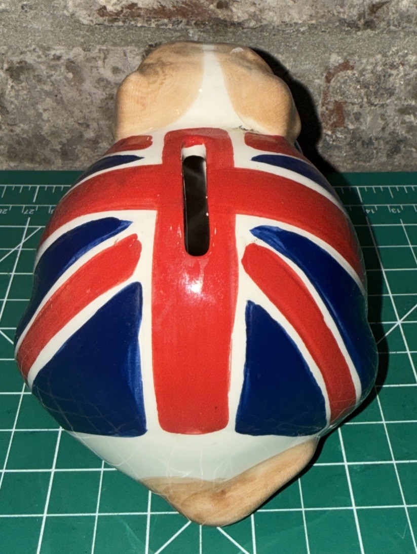 VTG English Churchill Bulldog Style in Union Jack Flag Hand Painted Piggy Bank