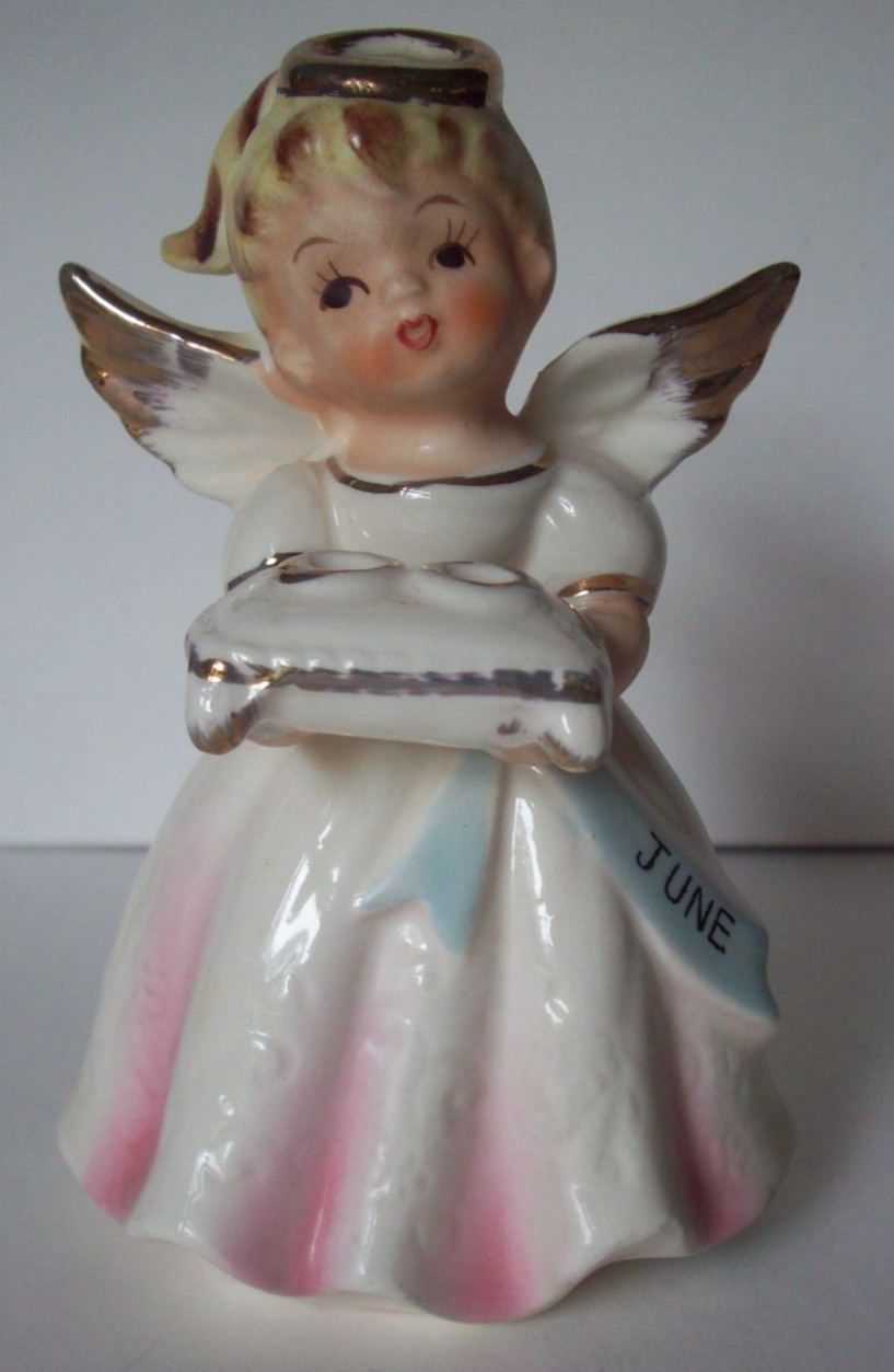 June Angel holding wedding bands rings porcelain angel figurine