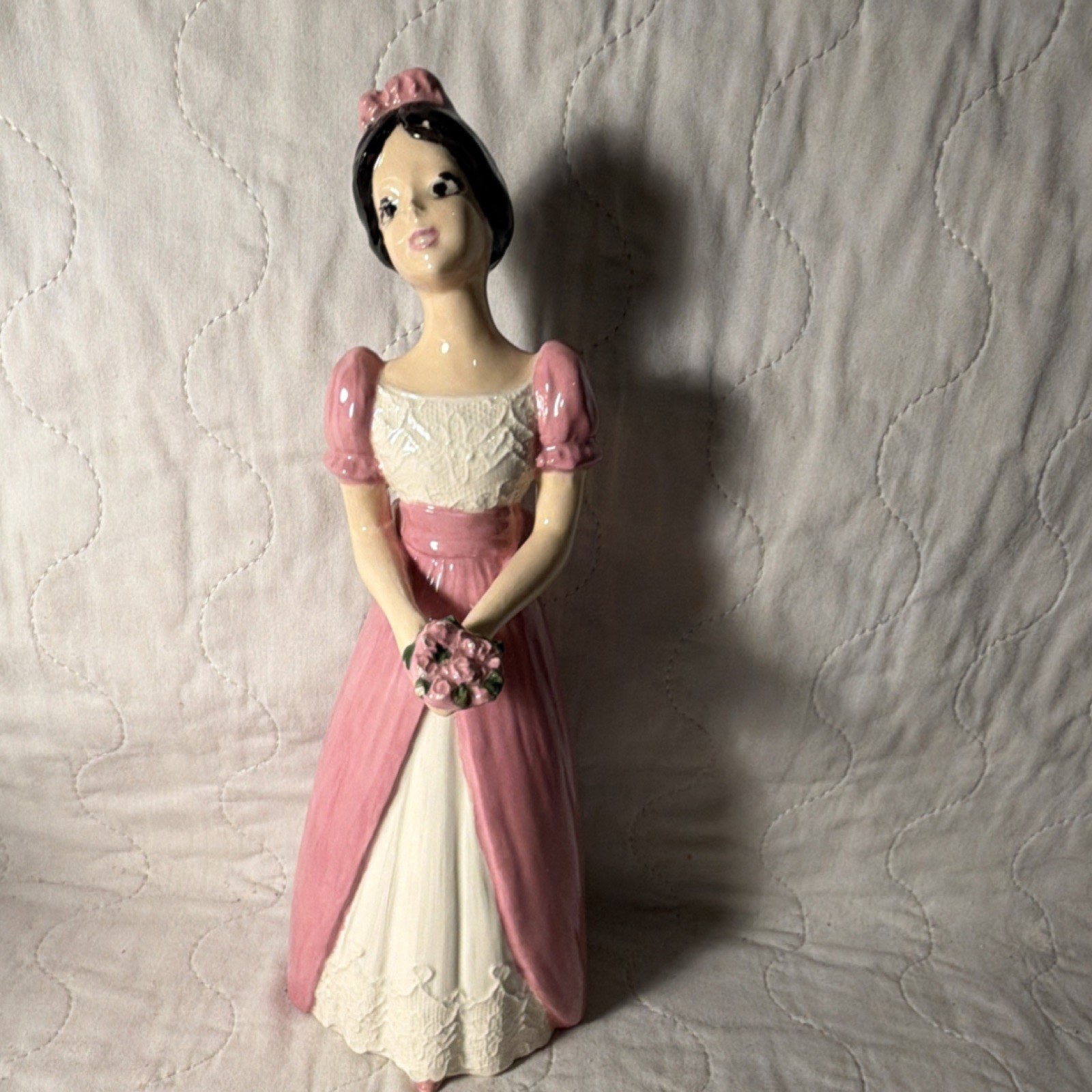 Hand Painted Ceramic Woman Figurine Pink White Glossy 10” Contemporary #1793