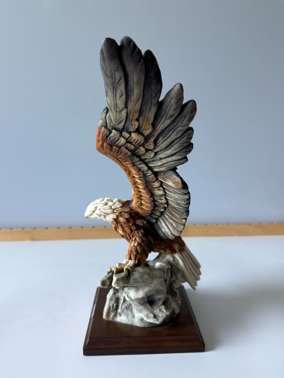 G. Armani Capodimonte Signed Eagle Landing On A Rock Statue w/ Wood Base