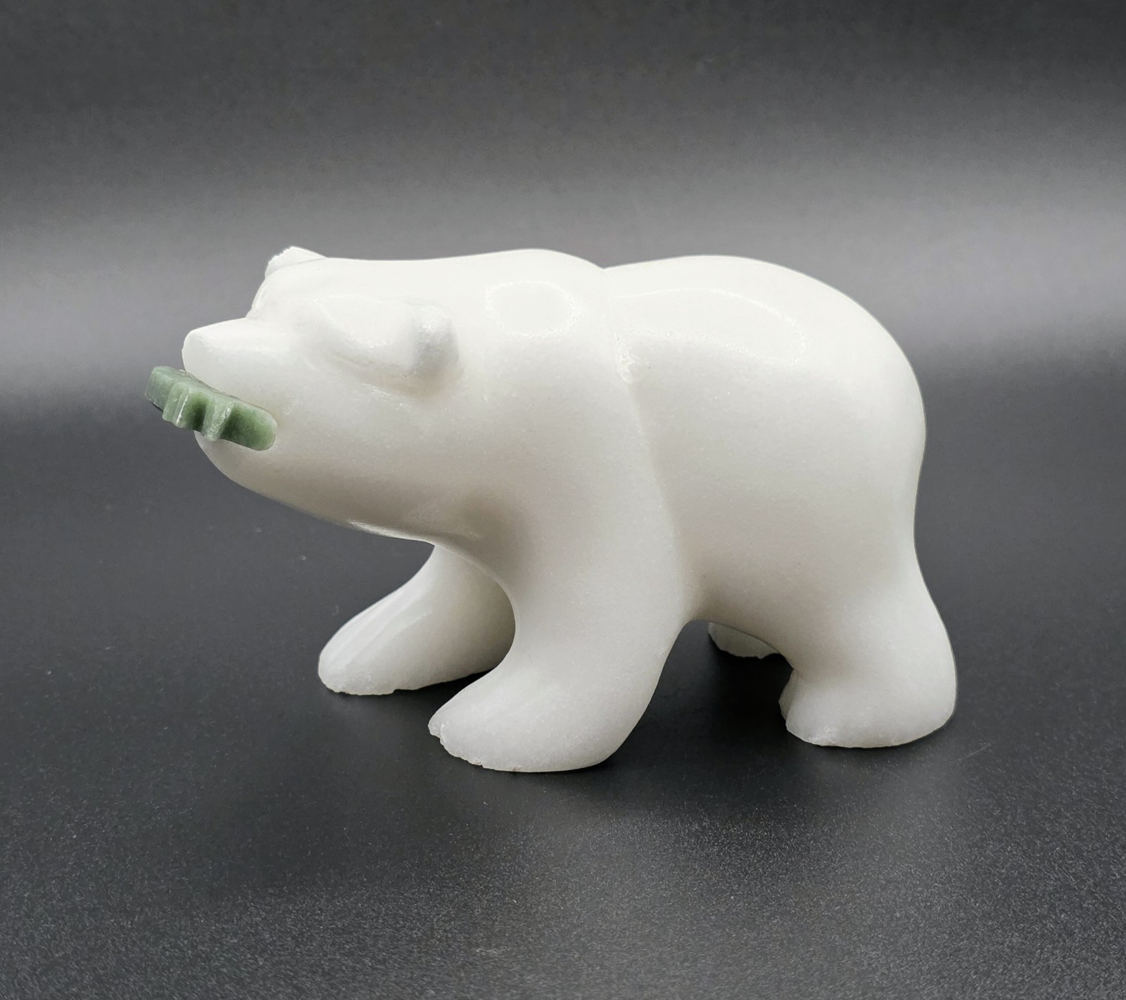 Vintage Carved White Quartz Polar Bear Figurine Green Jade Fish Sculpture Signed