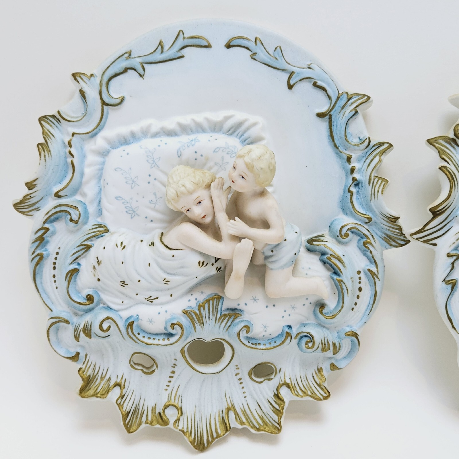 Vintage Mother & Baby Putti Boy Bisque Porcelain Victorian Wall Plaques (2)