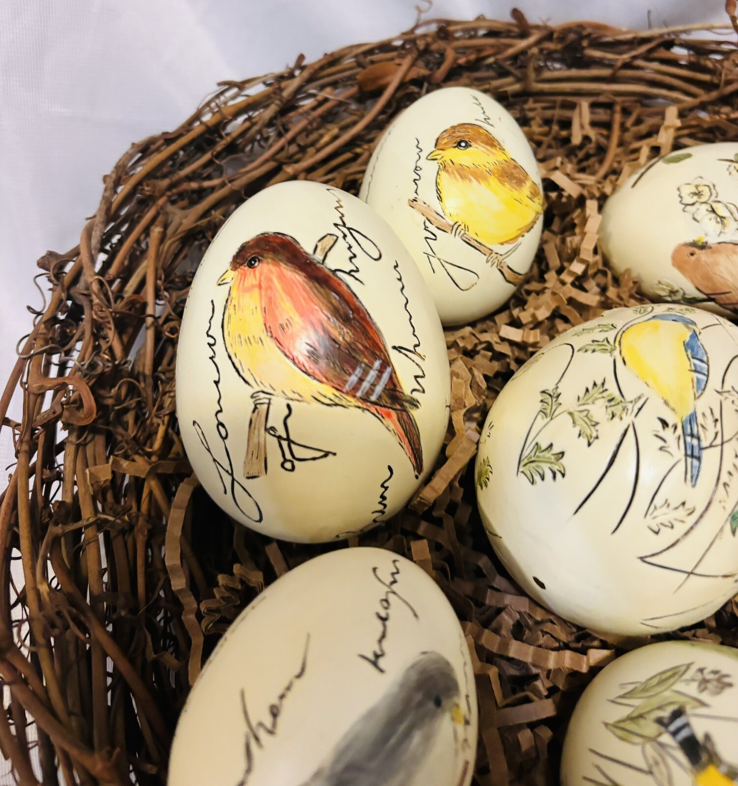 Ceramic Eggs Hand Painted Birds in Large Nest Set of 8 Multi 3 1/4″ Nest 12”D