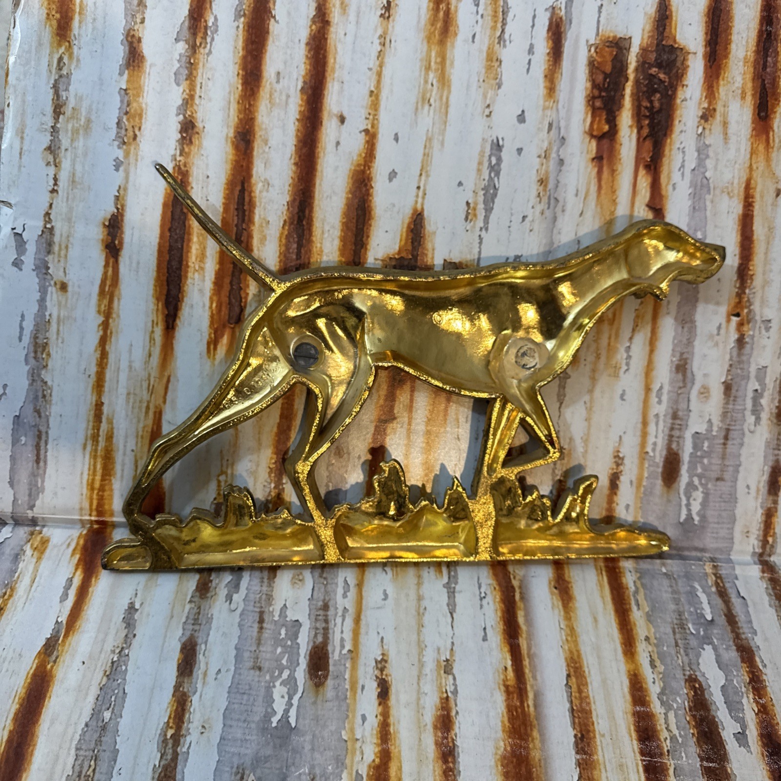 Vintage Cast Metal Pointer Dog Statue Wall Plaque 3 Demensional Gold R.S. 1951