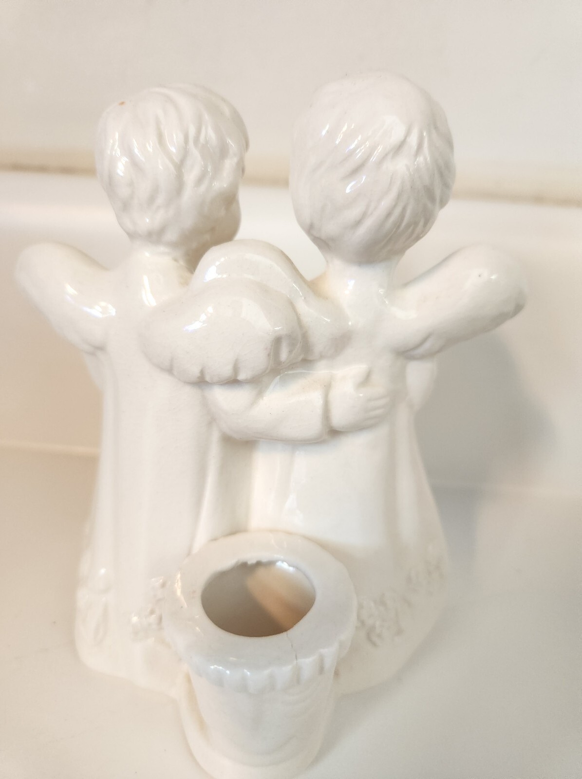 Lefton CAROLING ANGELS PORCELAIN CANDLE HOLDER BACK vintage white 1997 5 1/2 in