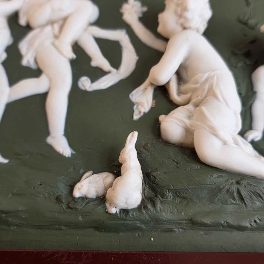 Superb Green Jasperware Plaque Maiden Children Rabbit Scenic High Relief German