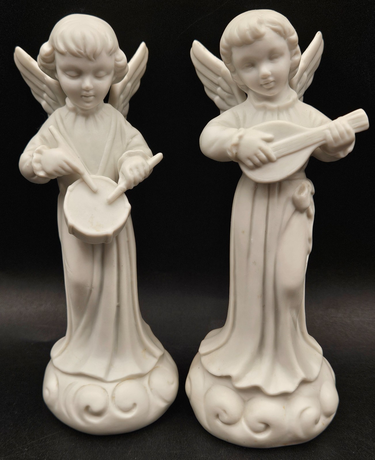 Pair of Small White Porcelain Angels Playing Drums Lute 5.75″ Made in Japan