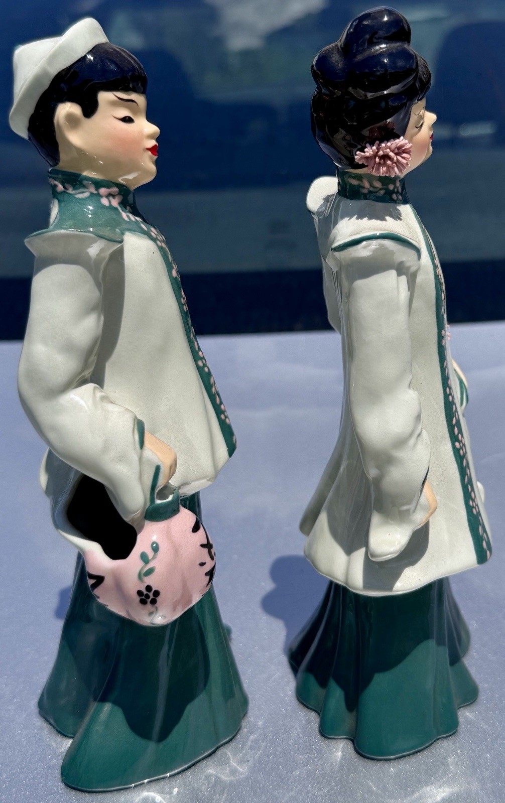 FLORENCE Ceramics Pottery Figurines Asian Man And Woman Flowers Lantern 8 Inch