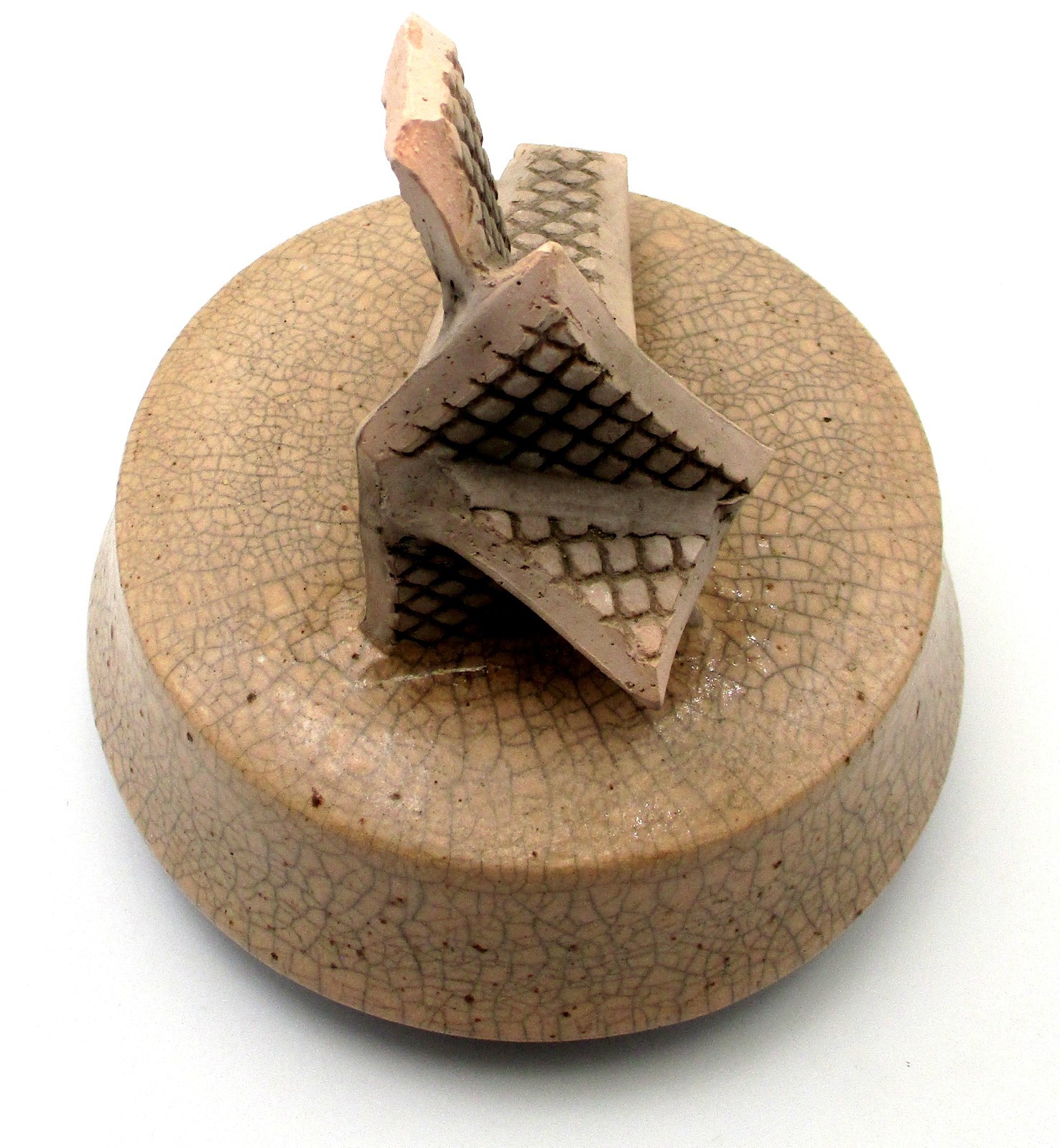Signed Studio Art Pottery Sculptural Covered Vessel MD 1981 Modernist Geometric