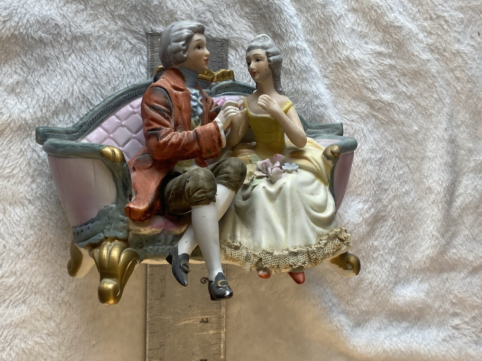 Victorian Couple Figurine Porcelain Carved Matte Sculpture Sofa Multicolor 5″