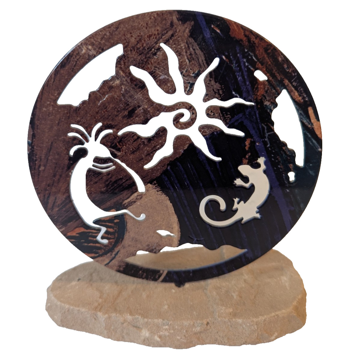 Southwestern-style Collectible Metal Figurine with Keopelli, Gecko & Sun-7″H