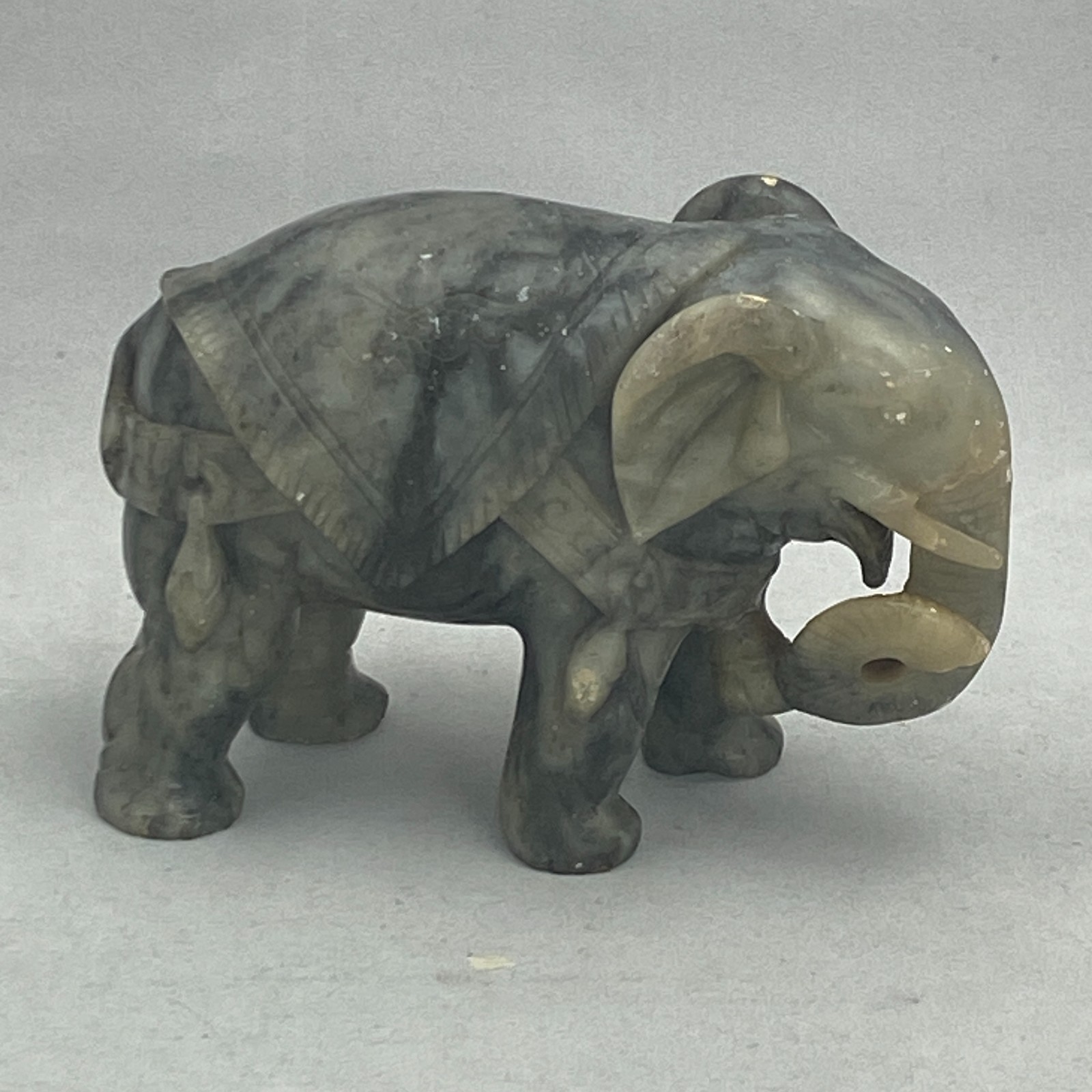 Vintage Carved Stone Elephant Figurine Gray Soapstone Style 6.25″ Trunk Decor