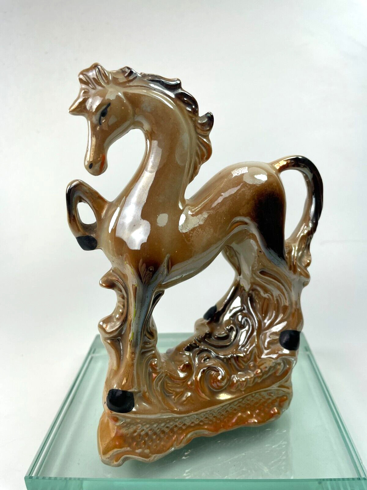 Vintage Stallion Horse Figurine Iridescent Glaze Prancing Festival Brazil Ad5