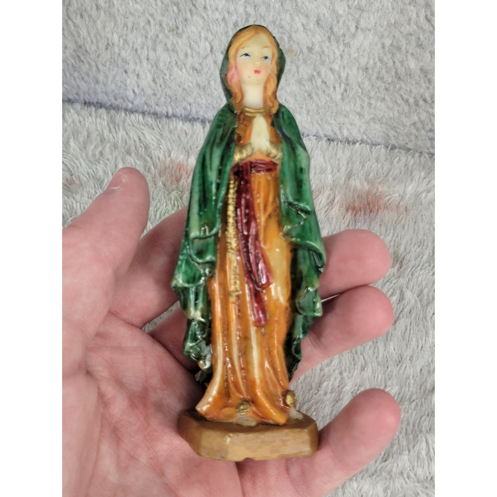 Religious Figurine Mary Madonna Praying Figure Green Robe Orange Dress