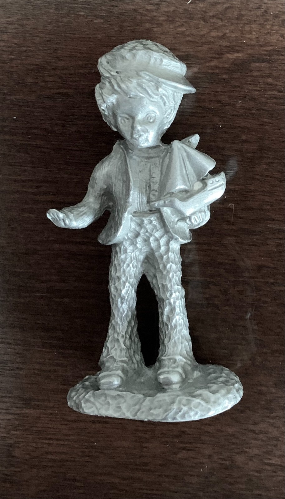 Pewter Boy Holding Toy Saliboat Signed John Sullivan 2 3/4″H