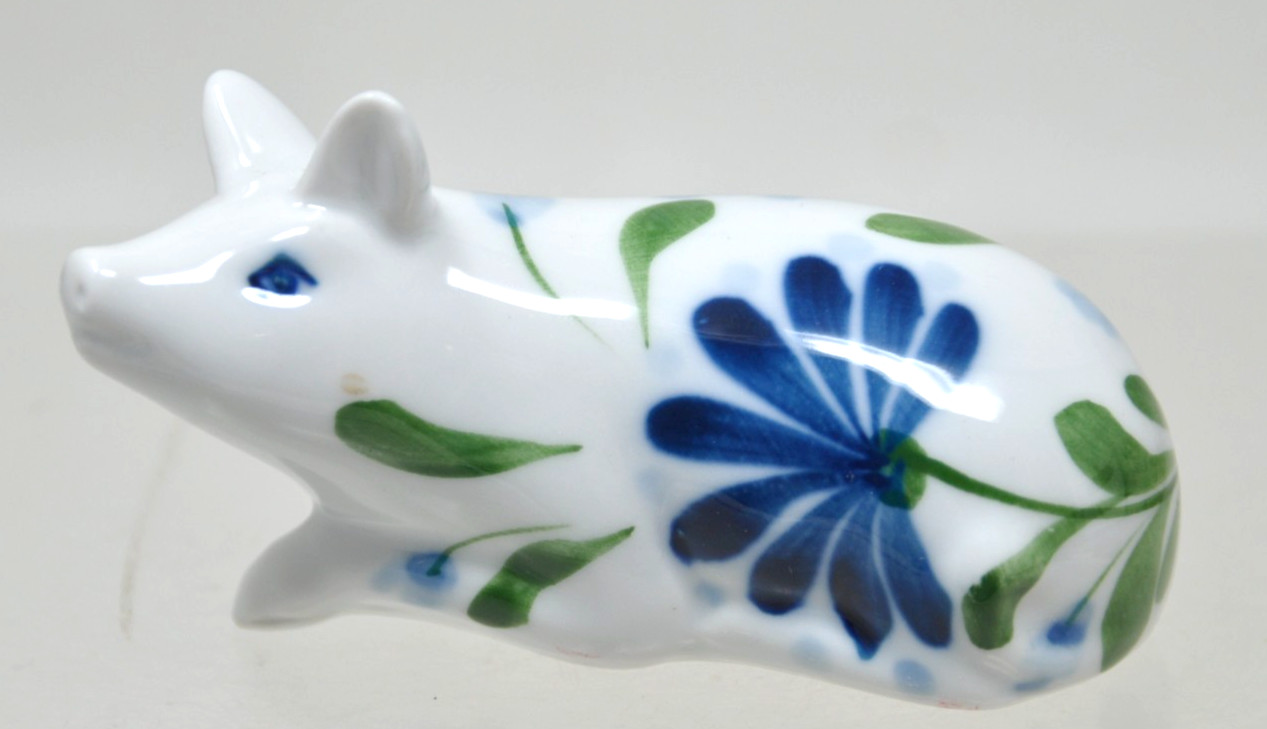 Dansk Sage Song Porcelain PIG Figurine Blue Green Floral 4″ Long Vintage